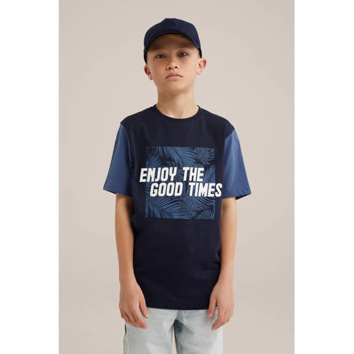 WE Fashion t-shirt donkerblauw blauw wit Jongens Katoen Ronde hals Printopdruk 122 128