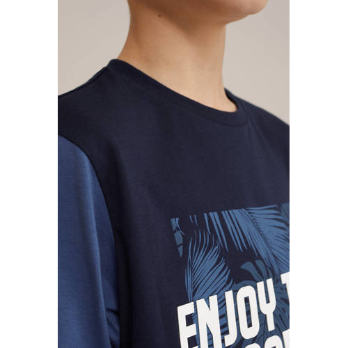 WE Fashion t-shirt donkerblauw blauw wit Jongens Katoen Ronde hals Printopdruk 122 128