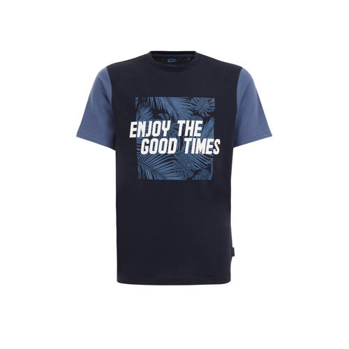 WE Fashion t-shirt donkerblauw/blauw/wit Jongens Katoen Ronde hals Printopdruk