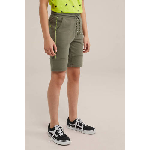 WE Fashion slim fit sweatshort kaki Groen Jongens Katoen Effen 104