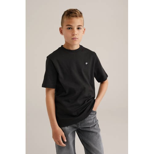 WE Fashion T-shirt zwart Jongens Katoen Ronde hals Effen 92