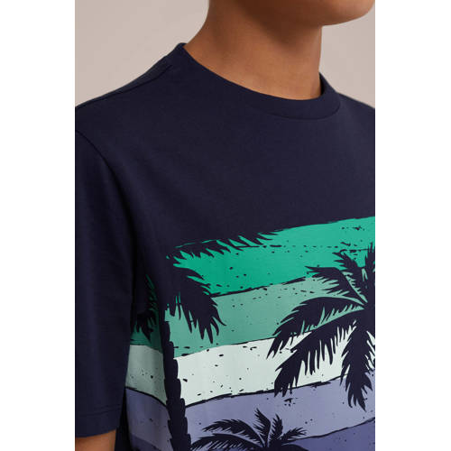 WE Fashion T-shirt met printopdruk donkerblauw Jongens Katoen Ronde hals 146 152