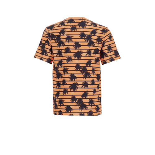 WE Fashion T-shirt met streep oranje zwart Jongens Biologisch katoen Ronde hals 158 164