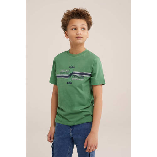 WE Fashion T-shirt met printopdruk groen Jongens Katoen Ronde hals Printopdruk 146 152