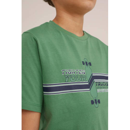 WE Fashion T-shirt met printopdruk groen Jongens Katoen Ronde hals Printopdruk 146 152