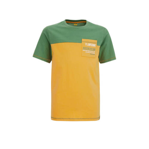 WE Fashion T-shirt groen/geel Jongens Biologisch katoen Ronde hals Meerkleurig