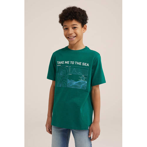 WE Fashion T-shirt met printopdruk groen Jongens Biologisch katoen Ronde hals 98 104