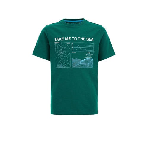 WE Fashion T-shirt met printopdruk groen Jongens Biologisch katoen Ronde hals