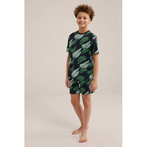 WE Fashion shortama met all over print groen Jongens Stretchkatoen Ronde hals 110 116