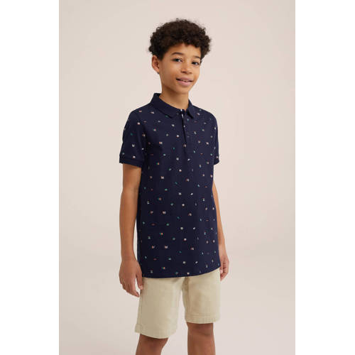WE Fashion polo met all over print donkerblauw Jongens Katoen Polokraag 98 104