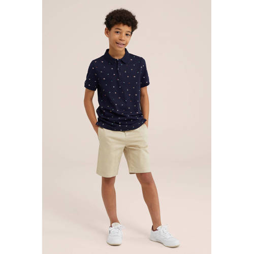 WE Fashion polo met all over print donkerblauw Jongens Katoen Polokraag 98 104