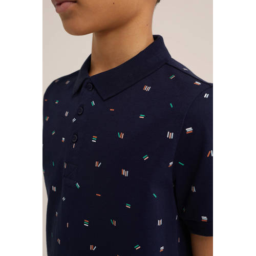 WE Fashion polo met all over print donkerblauw Jongens Biologisch katoen Polokraag 98 104