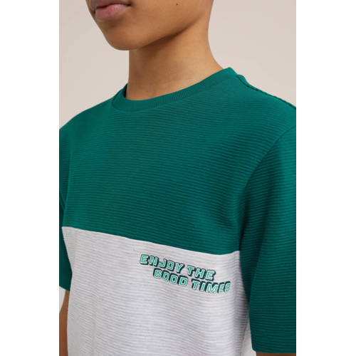 WE Fashion T-shirt groen wit Jongens Biologisch katoen Ronde hals Meerkleurig 110 116