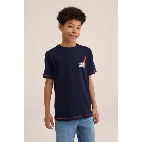 WE Fashion T-shirt met backprint donkerblauw Jongens Katoen Ronde hals 98 104