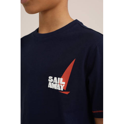 WE Fashion T-shirt met backprint donkerblauw Jongens Katoen Ronde hals 98 104