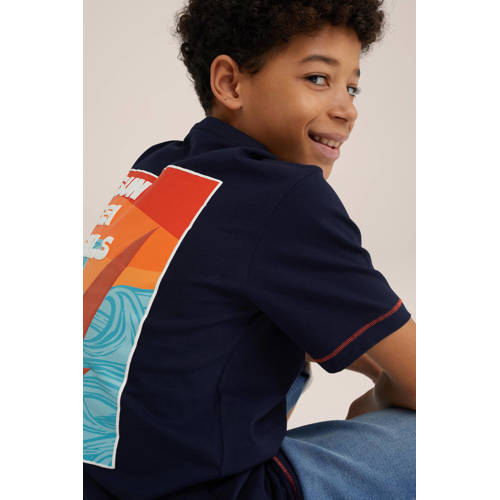 WE Fashion T-shirt met backprint donkerblauw Jongens Katoen Ronde hals 98 104