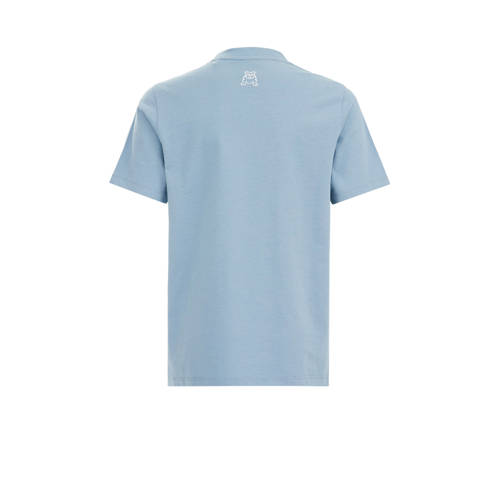 WE Fashion T-shirt met tekst lichtblauw Jongens Katoen Ronde hals Tekst 110 116