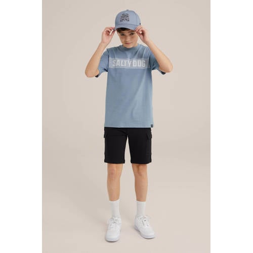 WE Fashion T-shirt met tekst lichtblauw Jongens Katoen Ronde hals Tekst 110 116