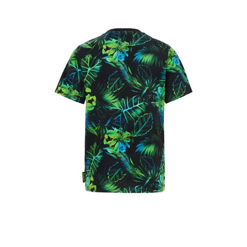 WE Fashion T-shirt met bladprint groen zwart blauw Multi Jongens Katoen Ronde hals 110 116