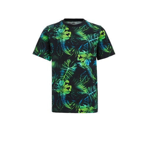 WE Fashion T-shirt met bladprint groen/zwart/blauw Multi Jongens Katoen Ronde hals