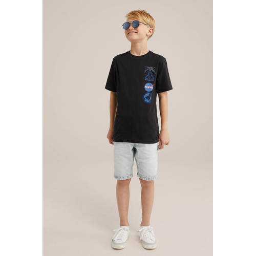WE Fashion T-shirt met backprint zwart blauw Jongens Katoen Ronde hals 110 116