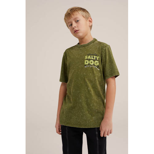 WE Fashion Salty Dog T-shirt met tekst groen Jongens Katoen Ronde hals 110 116