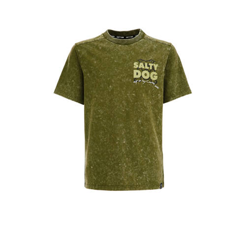 WE Fashion T-shirt met tekst groen Jongens Katoen Ronde hals Tekst
