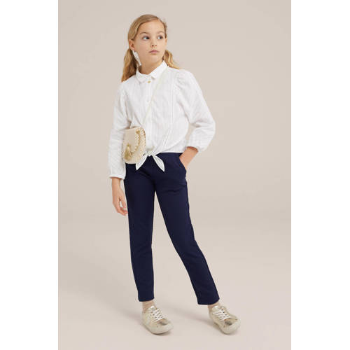 WE Fashion tapered fit broek donkerblauw Meisjes Polyester Effen 104
