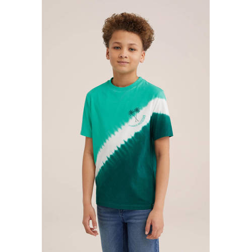 WE Fashion tie-dye T-shirt turquiose wit donkergroen Jongens Katoen Ronde hals 98 104