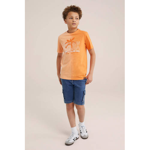 WE Fashion T-shirt met tekst oranje Jongens Katoen Ronde hals Tekst 92