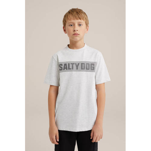 WE Fashion T-shirt met tekst white melange Grijs Jongens Katoen Ronde hals 158 164