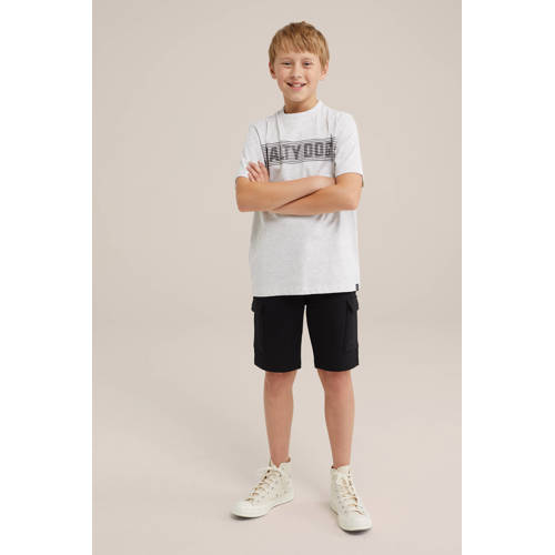 WE Fashion T-shirt met tekst white melange Grijs Jongens Katoen Ronde hals 158 164