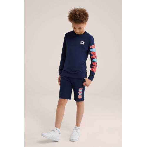 WE Fashion slim fit sweatshort met printopdruk donkerblauw Printopdruk 104
