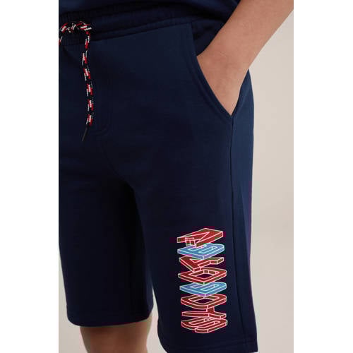 WE Fashion slim fit sweatshort met printopdruk donkerblauw Printopdruk 104