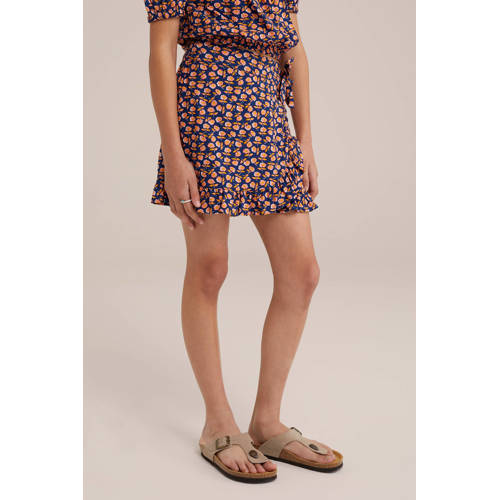 WE Fashion skort met all over print donkerblauw roze Rok Multi Meisjes Viscose 122 128