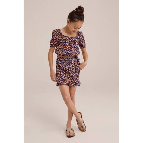 WE Fashion skort met all over print donkerblauw roze Rok Multi Meisjes Viscose 122 128