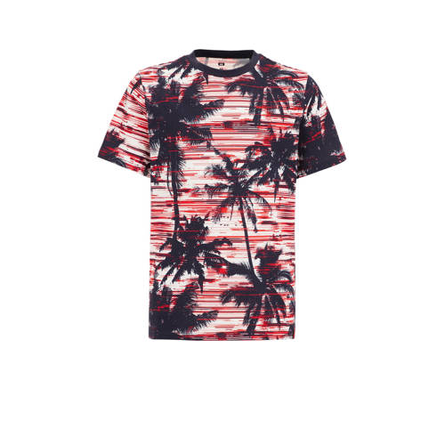 WE Fashion T-shirt met all over print rood/zwart/wit Multi Jongens Katoen Ronde hals - 110/116