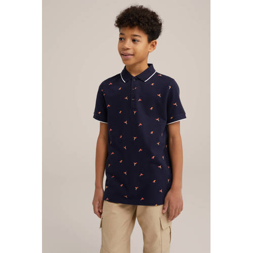 WE Fashion polo met all over print donkerblauw Jongens Katoen Polokraag 92