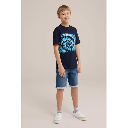 WE Fashion T-shirt met printopdruk navy Blauw Jongens Katoen Ronde hals 98 104