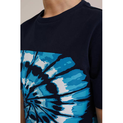WE Fashion T-shirt met printopdruk navy Blauw Jongens Katoen Ronde hals 98 104