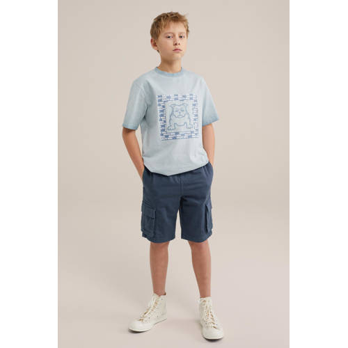 WE Fashion straight fit cargo short donkerblauw Korte broek Jongens Katoen 110