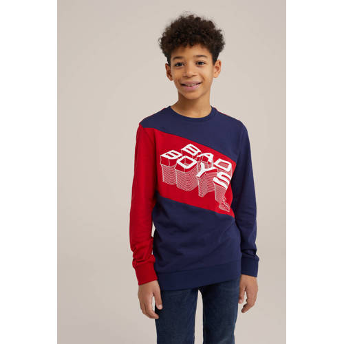 WE Fashion longsleeve donkerblauw rood Jongens Katoen Ronde hals Meerkleurig 98 104