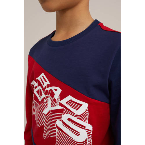 WE Fashion longsleeve donkerblauw rood Jongens Katoen Ronde hals Meerkleurig 98 104