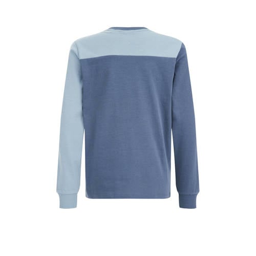 WE Fashion longsleeve met tekst blauw Jongens Katoen Ronde hals Tekst 110 116