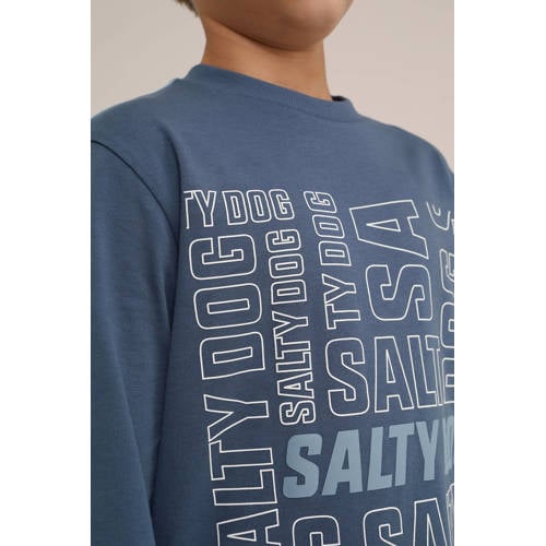 WE Fashion longsleeve met tekst blauw Jongens Katoen Ronde hals Tekst 110 116