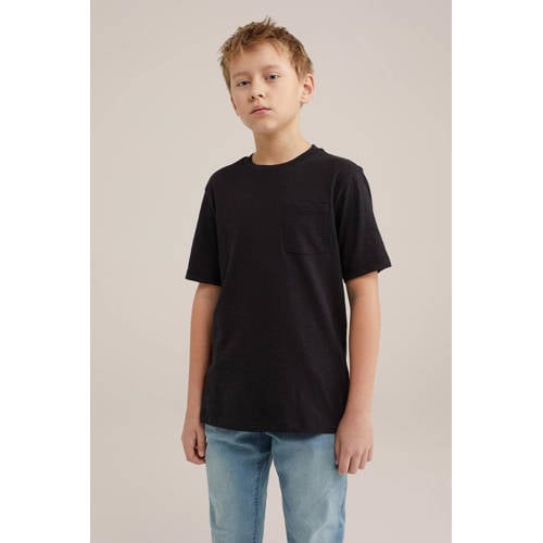 WE Fashion T-shirt zwart Jongens Biologisch katoen Ronde hals Effen 170 176