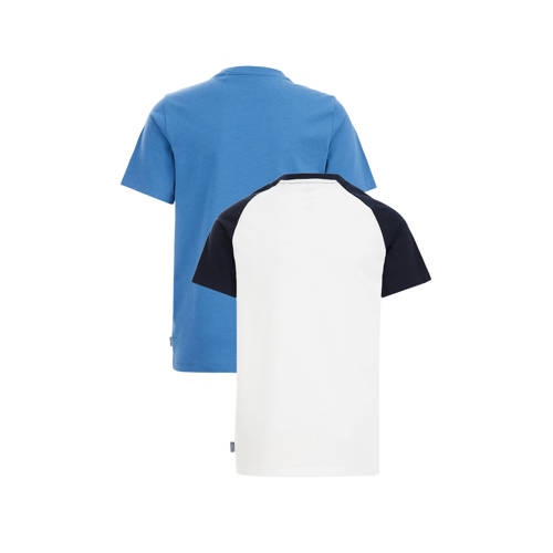 WE Fashion T-shirt set van 2 blauw wit Jongens Katoen Ronde hals Meerkleurig 110 116