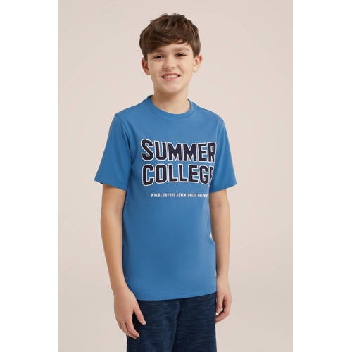 WE Fashion T-shirt set van 2 blauw wit Jongens Katoen Ronde hals Meerkleurig 110 116
