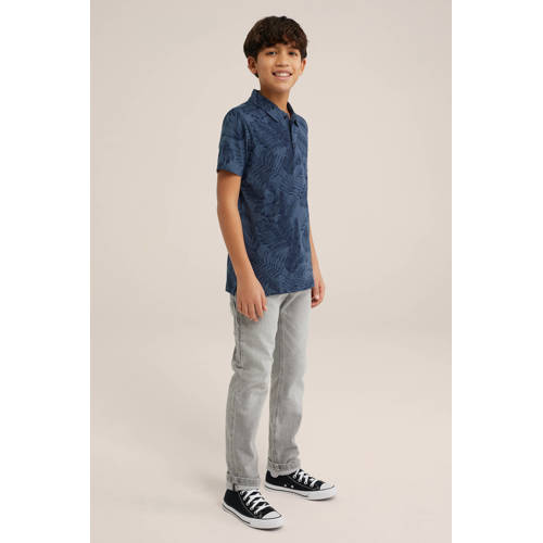 WE Fashion polo met bladprint donkerblauw Jongens Katoen Polokraag Blad 92