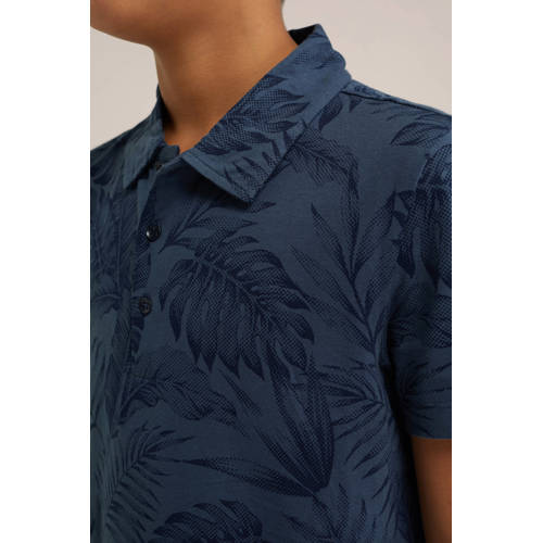 WE Fashion polo met bladprint donkerblauw Jongens Katoen Polokraag Blad 92